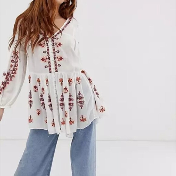 Free People Ariana Embroidered Oversized Tunic Blouse Top Women's Size Small - Picture 5 of 14